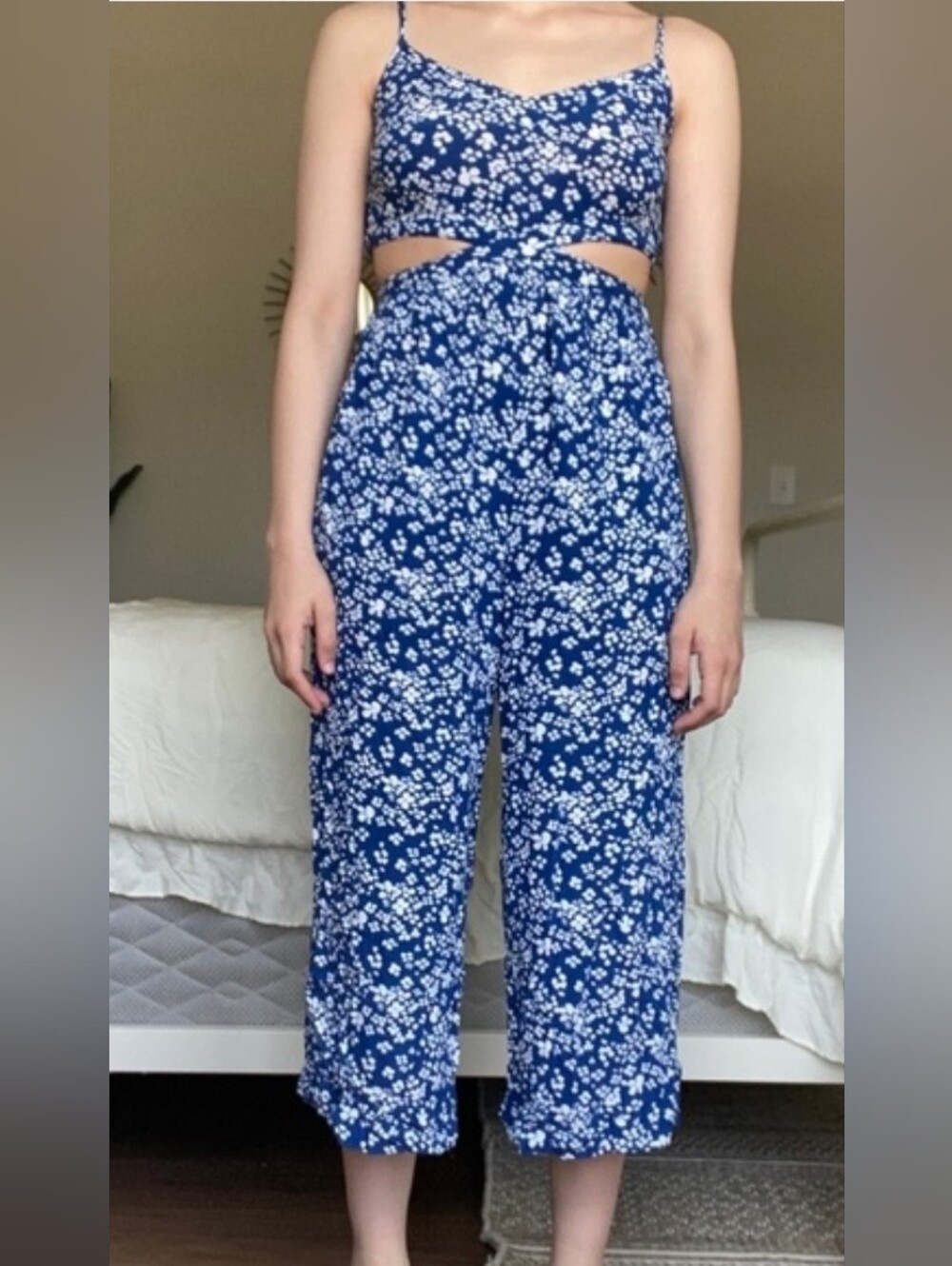 Aerie XL Blue Floral Wide-Leg Jumpsuit with Cutout